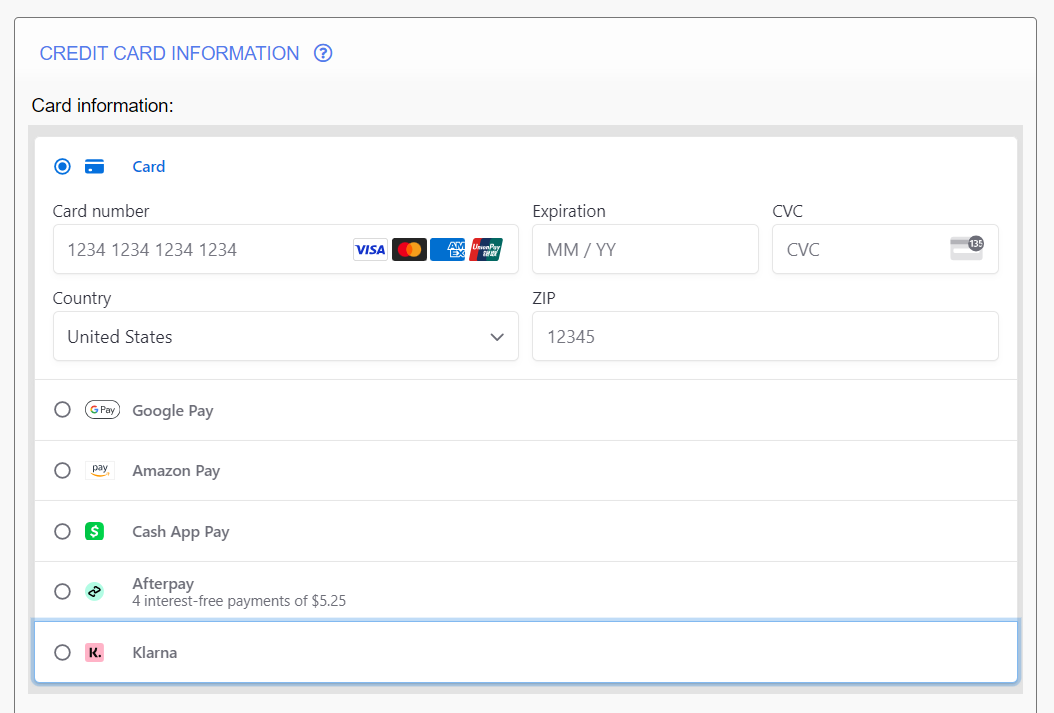 Stripe's different payment methods