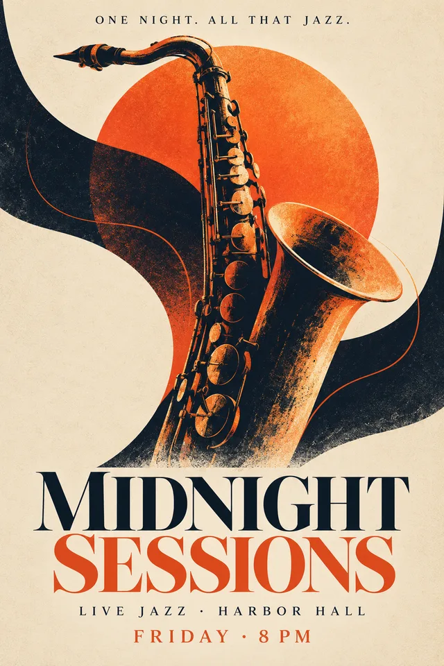 AI-generated Midnight Sessions jazz flyer with an orange sun and a saxophone.