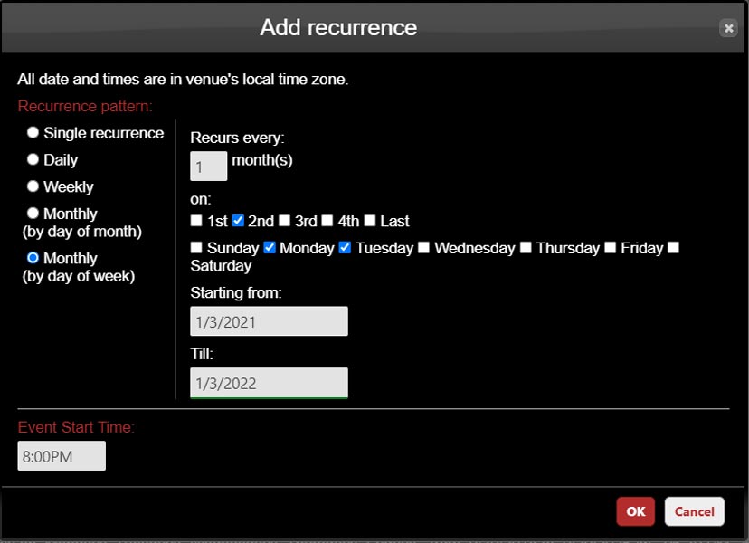 Ticketor recurring event scheduler