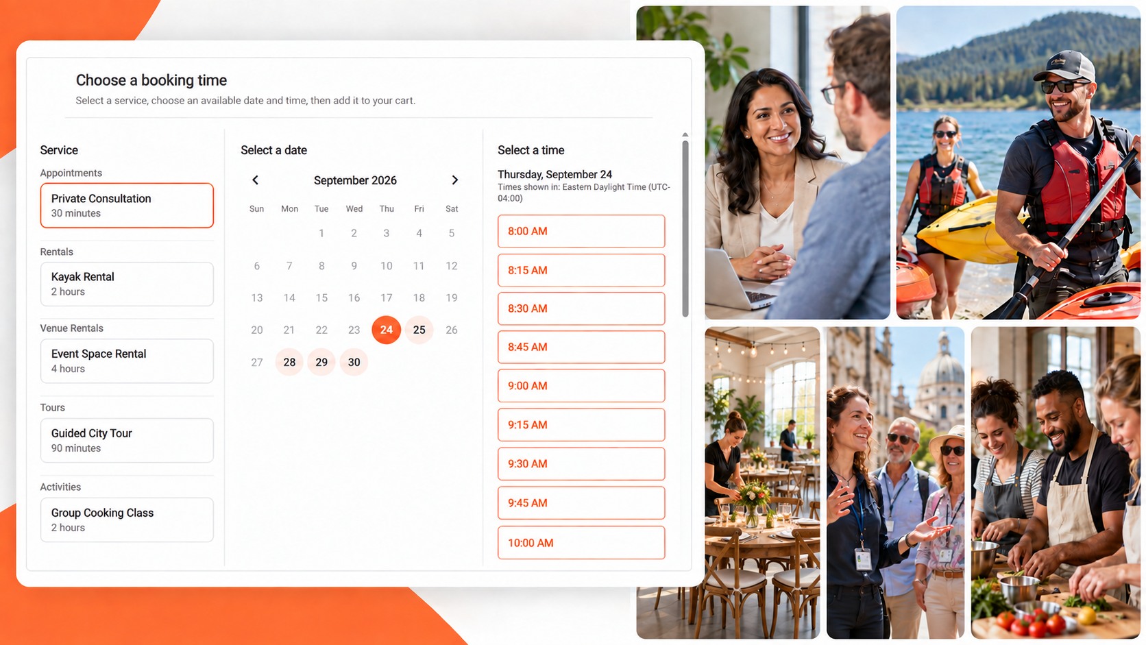 Ticketor online booking calendar showing appointments, equipment and venue rentals, tours, and activities